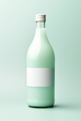 Product mockup, simple korean traditional rice wine bottle, empty place for design branding or logo placement, isolated on flat pastel green background. 3d render illustration style.