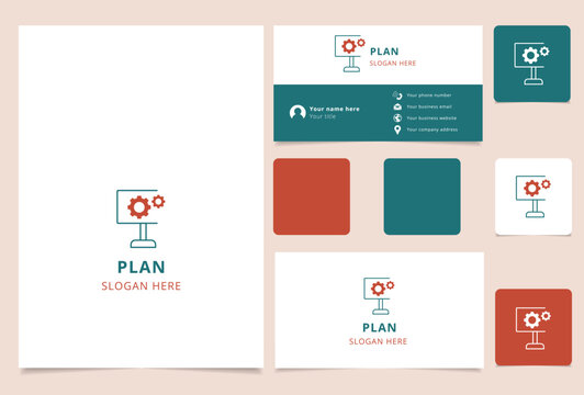 Plan logo design with editable slogan. Branding book and business card template.