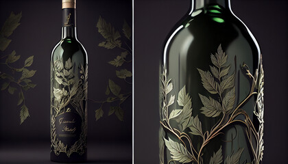 A stylish mockup featuring a sleek, transparent glass bottle filled with a vibrant green vine,
Created using generative AI tools - obrazy, fototapety, plakaty