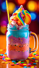 Naklejka premium Colorful Milkshake in a Mason Jar with Rainbow Sprinkles