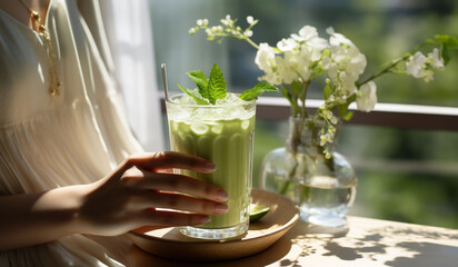 Glass of matcha latte in woman's hands, at the window in sunny day, cozy room, healthy lifestyle banner, green background. Copy space - obrazy, fototapety, plakaty