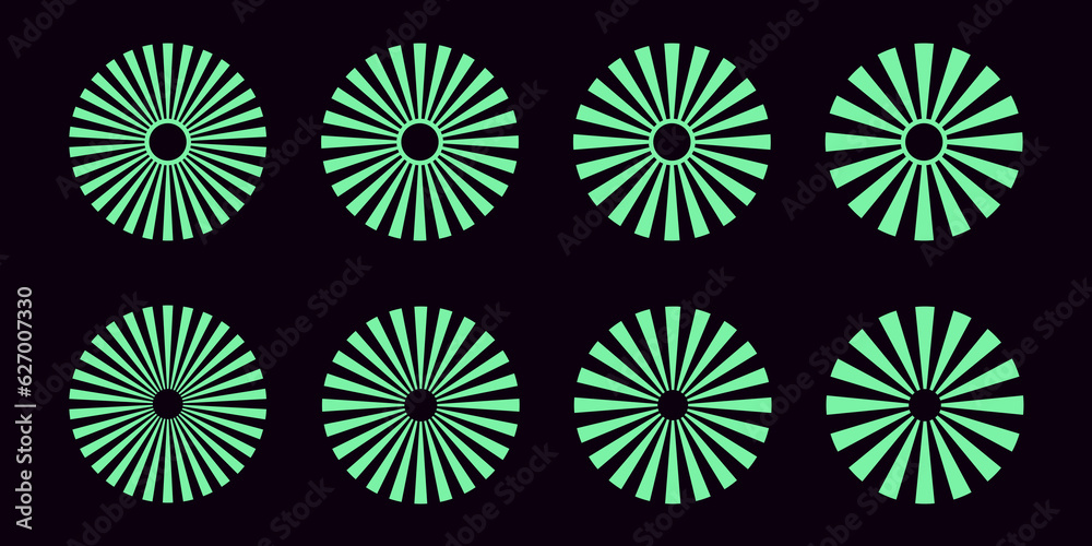Poster set of sunburst elements. collection of radial rays. circular shapes formed by rays