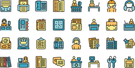 Receptionist icons set outline vector. Female work. Adult office thin line color flat on white