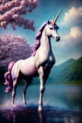 A Painting Of A Unicorn Standing In The Water