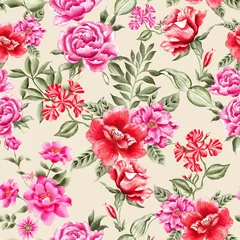 Tapeten Watercolor flowers pattern, red and pink tropical elements, green leaves, gold background, seamless © Leticia Back