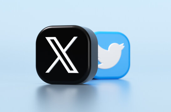 Valencia, Spain - July, 2023: X and Twitter apps logos on a blue color background in 3D rendering. X is the new name and logo of the social network Twitter owned by Elon Musk