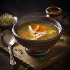 chicken soup, chicken broth, soup, closeup, restaurant