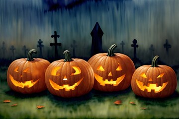 A Group Of Carved Pumpkins Sitting On Top Of A Lush Green Field