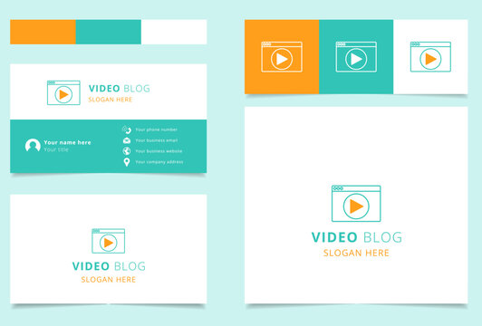 Video blog logo design with editable slogan. Branding book and business card template.