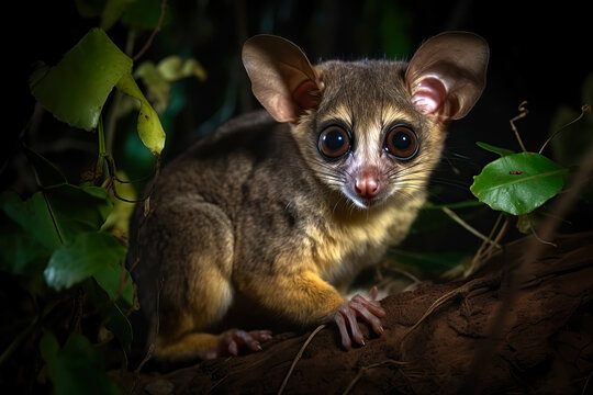 Bushbaby or galago at night in a tree. Amazing wildlife. Generative Ai