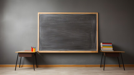 Empty classroom and blackboard, with desks and chairs