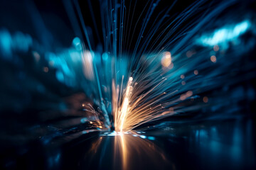 blue welding sparks, concept mechanical manufacturing, communications, modernity and progress created with Generative AI technology