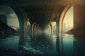 Sewage released beneath city bridge. Generative AI