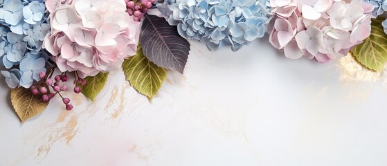 An elegant marble backdrop featuring a cluster of pastel hydrangeas and golden foliage, providing negative space for your text or design. Wedding, glamor, jewel, exquisite places. Generative AI. 