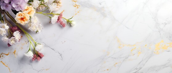 An elegant marble background adorned with a bouquet of pastel blooms and gold accents, offering negative space for text. Wedding, menu, celebration card. Wallpaper texture. Generative AI. 