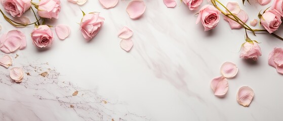 A top view of a sophisticated marble background with a scattering of blush pink roses and delicate gold accents, offering negative copy space. Wedding, celebration, exquisite design. Generative AI. 