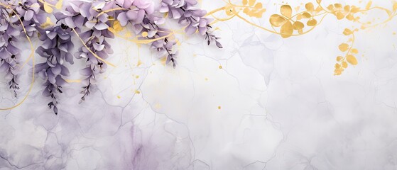 An enchanting marble background in shades of lavender and gold, adorned with cascading wisteria blooms and delicate golden accents, providing negative copy space. Wedding, condolences. Generative AI. 