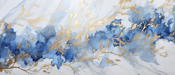 An exquisite marble background in shades of blue and gold, with vibrant bluebells and gilded leaves, offering negative copy space. Wedding, celebration, condolences, wallpaper. Generative AI. 