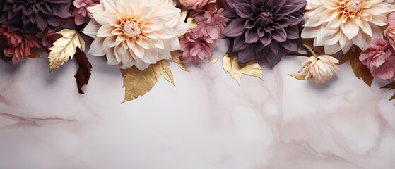 Naklejka na ściany i meble An opulent marble backdrop featuring an assortment of colorful dahlias and gilded leaves, providing negative space. Wedding card, menu card, bride, celebration, wallpaper, backgrounds. Generative AI. 