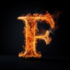 Capital letter F consisting of a flame. Burning letter F. Letter of fire flames alphabet on black background.