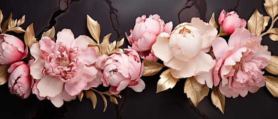 An opulent marble backdrop featuring an arrangement of vibrant peonies and gilded leaves, providing negative space for your text. Wedding card, wallpaper, glamor and jewel design. Generative AI. 