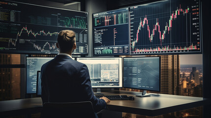 Fototapeta na wymiar A focused male trader wearing a tailored suit, analyzing a dynamic candlestick chart of a fast-moving stock on the monitor. Generative AI