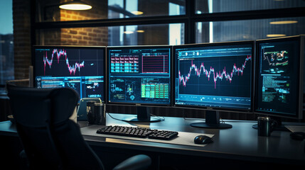 Fototapeta premium The trader's sophisticated workstation with multiple widescreen displays, each showing real-time price charts of different assets. Generative AI