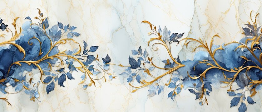 An exquisite marble background in shades of blue and gold, with vibrant bluebells and gilded leaves, offering negative copy space. Wedding, celebration, condolences, wallpaper. Generative AI. 