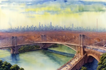 A Painting Of A Bridge With A City In The Background