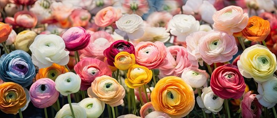 Fototapeta na wymiar A captivating photography of a field of ranunculus flowers with negative copy space, showcasing the intricate and multi-colored petals. Floral wallpaper, card, wedding, backgrounds. Generative AI. 