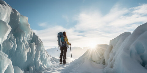  brave woman explorer with ski poles standing on the edge of a large glacier crevasse, under the pale arctic sunlight