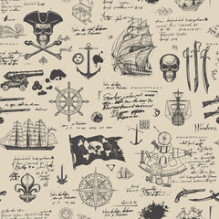 Vector abstract seamless pattern with Jolly Roger skulls, crossbones, pirate flag, swords, guns, caravels and other nautical symbols. Vintage hand-drawn background with illegible handwritten notes - 627009568