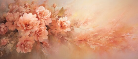 A romantic oil painting background with a focus on soft, peachy hues and intricate floral patterns, offering negative space for text. Wallpaper, floral card, voucher.   Generative AI. 