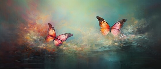 An enchanting oil painting background showcasing a pair of delicate butterflies in vibrant colors, with negative copy space for text. Wallpaper, backgrounds graphics. Generative AI. 