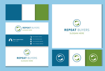 Repeat buyers logo design with editable slogan. Branding book and business card template.