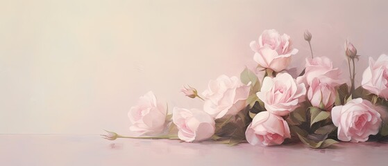 Naklejka na ściany i meble An exquisite oil painting background showcasing a bouquet of delicate pink roses against a muted background, providing negative copy space. Wedding card, bride, celebration, fashion. Generative AI. 
