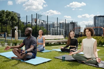 Fotobehang Group of young intercultural people practicing yoga exercise on mats while sitting in pose of lotus on green lawn on summer day and meditating © pressmaster