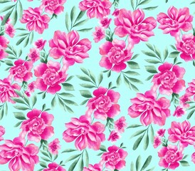 Watercolor flowers pattern, pink tropical elements, green leaves, blue background, seamless