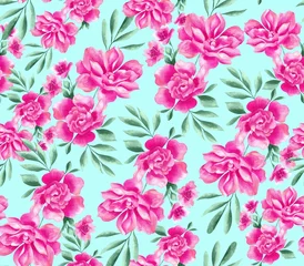 Zelfklevend Fotobehang Watercolor flowers pattern, pink tropical elements, green leaves, blue background, seamless © Leticia Back