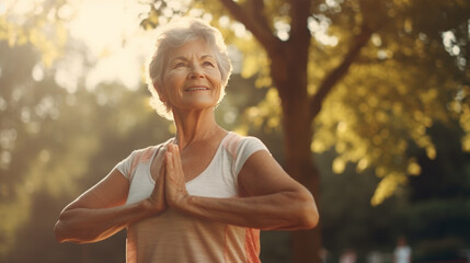 Senior age woman with grey hair practicing yoga smiling happy, doing exercise and stretching outdoors, in a park High quality photo created with generative AI
