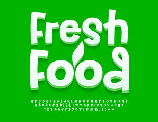 Naklejka premium Vector marketing sign Fresh Food with decorative Leaf. Trendy White Font. Unique set of handwritten Alphabet Letters, Numbers and Symbols