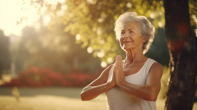 Waist up portrait of old smiling lady with palm put together. Female pensioner standing on summer park background. Focus on woman. High quality photo created with generative AI