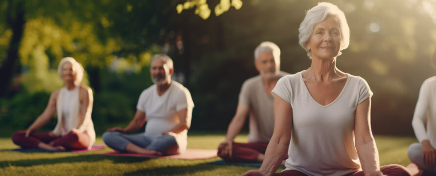 Elderly People Doing Yoga Outdoors, Group Of Senior Man And Women Practicing Yoga Meditation Nd Exercise In A Park, Smiling 60 Years Old Woman, Generative AI Banner