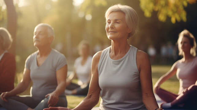 Smiling happy senior woman practicing yoga outdoors in group, elderly people exercising in a park, high quality photo created with generative AI