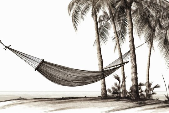PNG image depicting continuous line drawing of palm trees and hammock. Generative AI