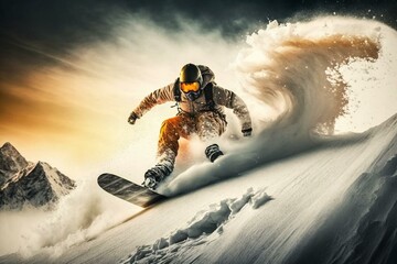 A snowboarder carving an endless winter slope as an extreme sport. Generative AI