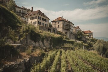 Fototapeta na wymiar Chexbres settlement by Lake Geneva in Lausanne's Lavaux vineyard terrace area, Switzerland. Generative AI