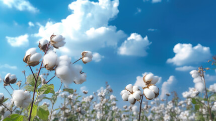 
White cotton flowers on a background of blue sky with white clouds.
