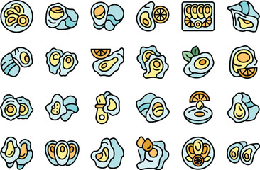 Oysters icons set outline vector. Seafood shell. Nature food thin line color flat on white