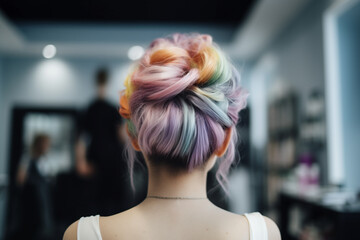 Back view of young woman with multicolored pastel colored hair in elegant updo hairstyle. 